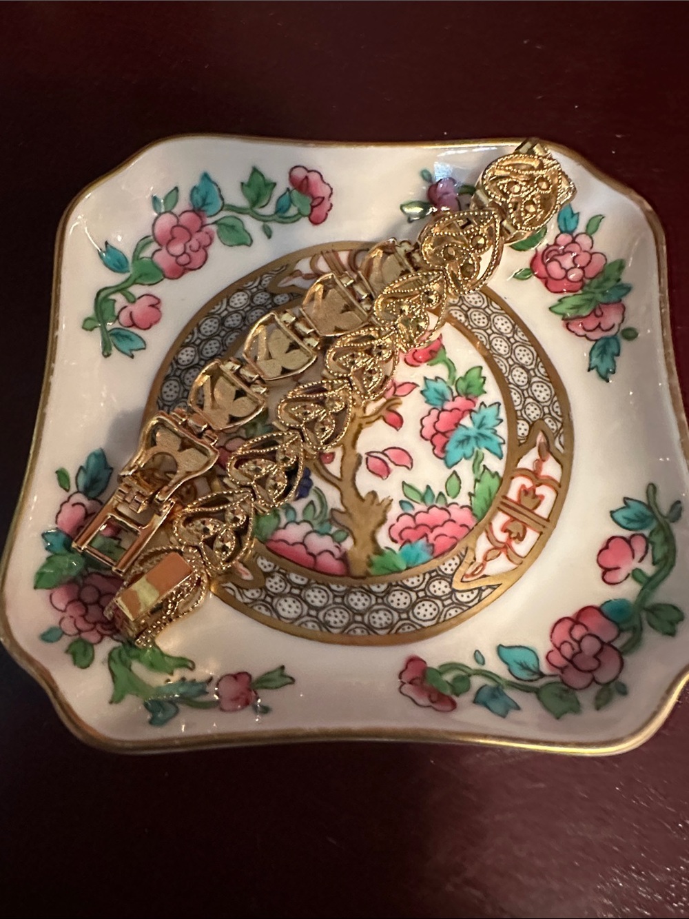 Coalport Bone China Floral Trinket Dish with Gold Tone Bracelet - Picture 5 of 5
